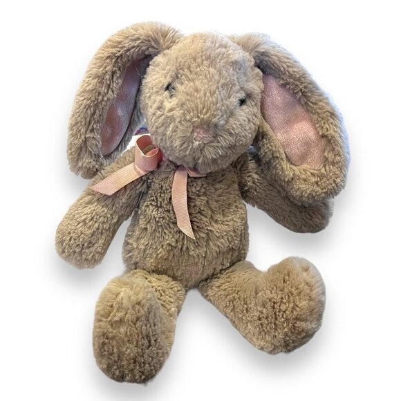 Pottery Barn Kids 11” Bunny Rabbit Lovey Plush Floppy Ears Pink Bow Taupe Gray - Picture 1 of 4